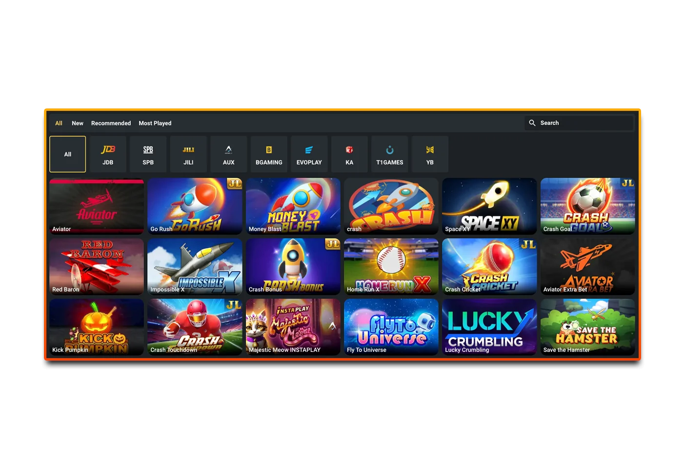 Selecting a game from the list of crash games