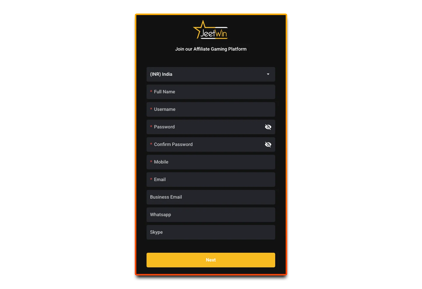 Enter data in the partner account registration field